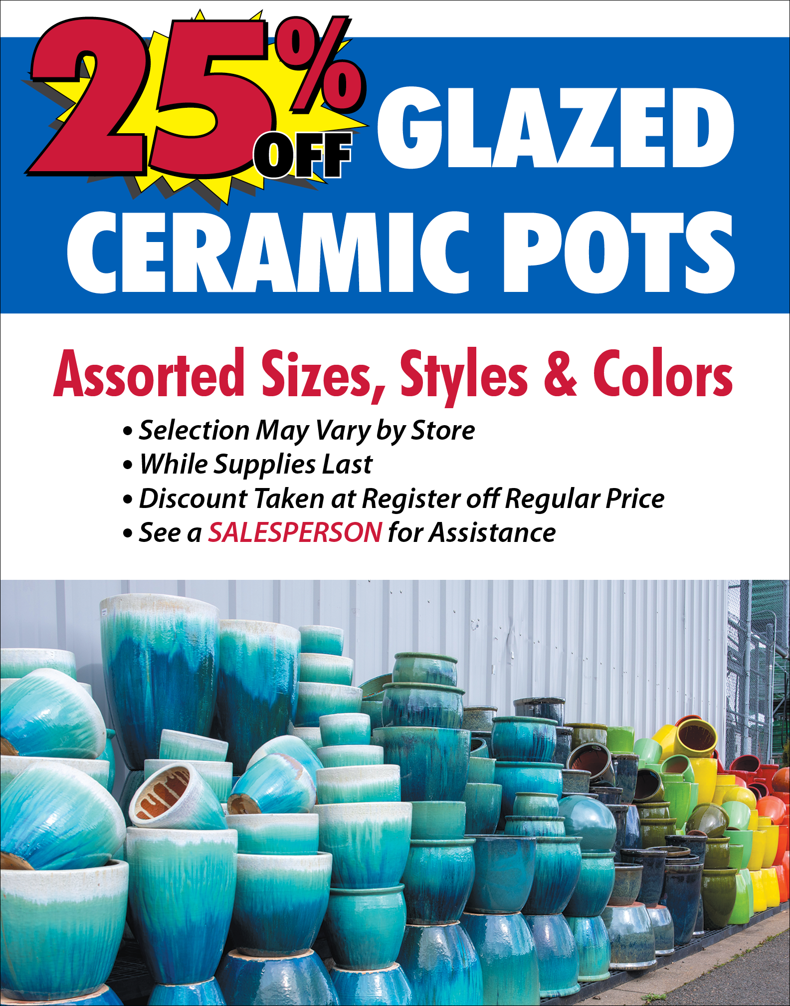 25 percent off glazed ceramic pots