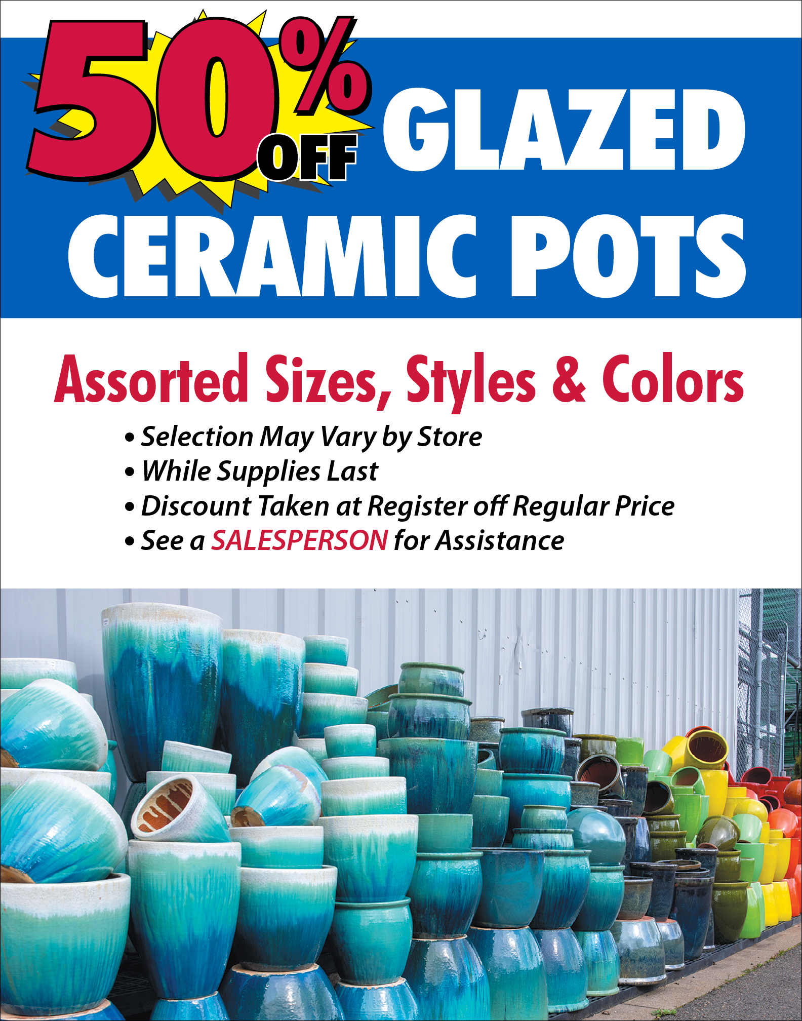 50 percent off glazed ceramic pots
