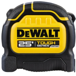 Tough Series Tape Measure, Dewalt, 25 ft L, 1-1/4 in W, Steel Blade, Black/Yellow Case - 1
